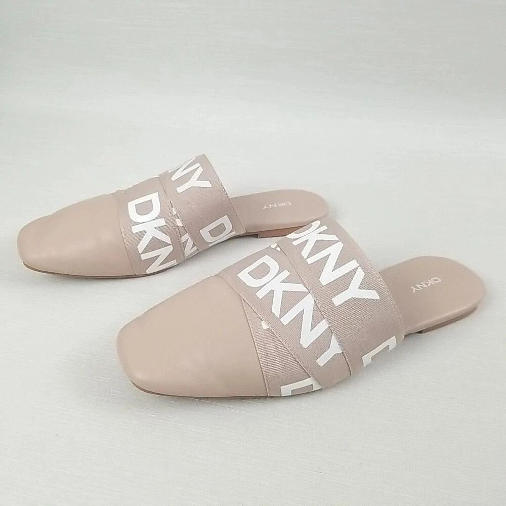 DKNY Flynn Logo Mules Slip On Sandals In Blush/ Pink Women's 8M Faux Leather
